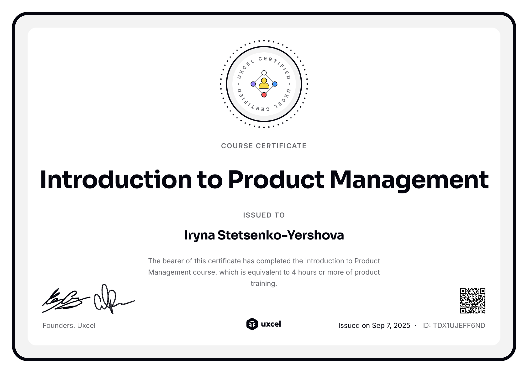 Iryna Stetsenko-Yershova's certificate